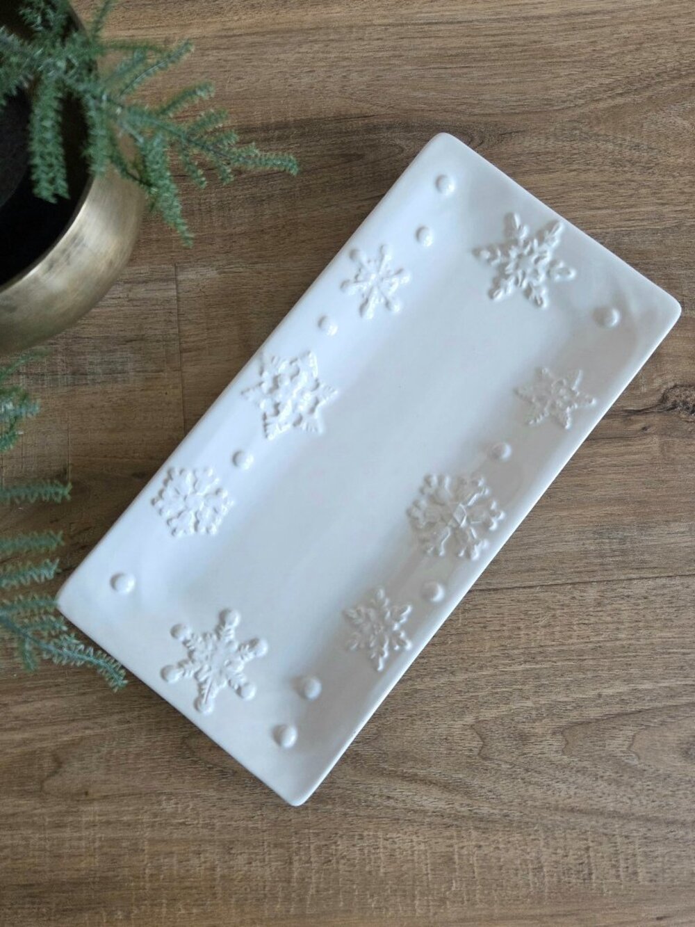 Handmade in Italy White Ceramic Long Plate Tray with Snowflakes